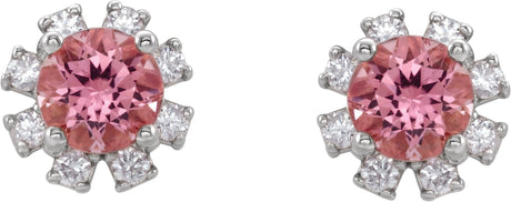 Platinum Natural Pink Tourmaline Round 4-Prong Halo-Style Earrings - view 2