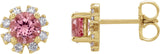 14K Gold Natural Pink Tourmaline Round 4-Prong Halo-Style Earrings - Yellow Gold
