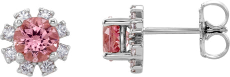 Platinum Natural Pink Tourmaline Round 4-Prong Halo-Style Earrings