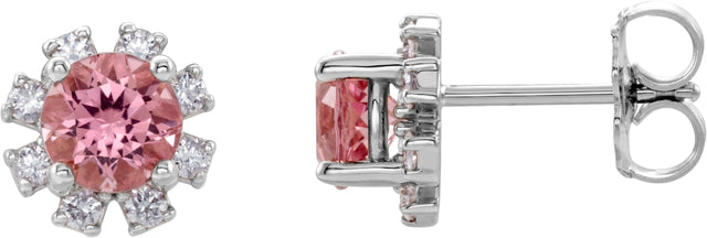 Platinum Natural Pink Tourmaline Round 4-Prong Halo-Style Earrings