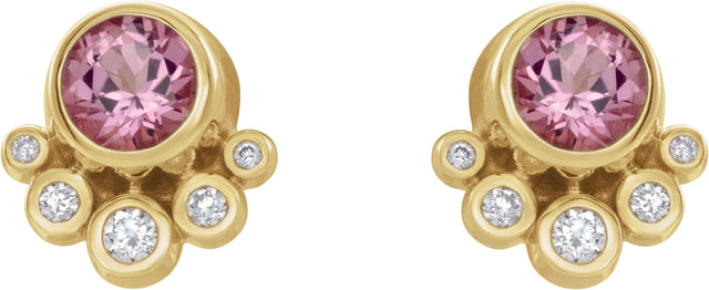 14K Gold Round Natural Pink Tourmaline Accented Bezel-Set Earrings - Yellow Gold - view 2