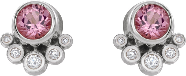 Platinum Round Natural Pink Tourmaline Accented Bezel-Set Earrings - view 2