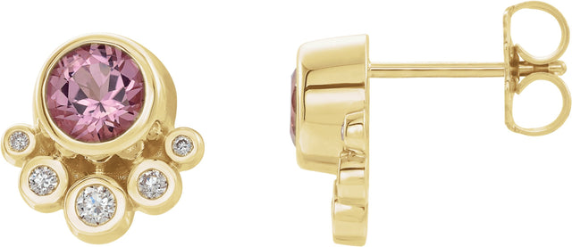 14K Gold Round Natural Pink Tourmaline Accented Bezel-Set Earrings - Yellow Gold