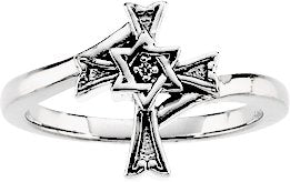 14K Gold Round Natural Diamond Judeo Christian Cross Ring - White Gold
