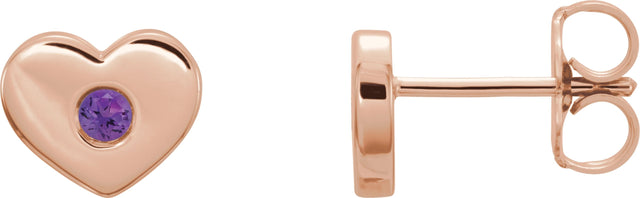 14K Gold Round Natural Amethyst Heart Earrings - Rose Gold