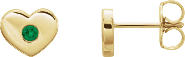 14K Gold Round Lab-Grown Emerald Heart Earrings - Yellow Gold