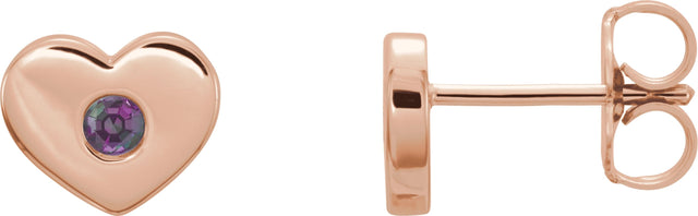14K Gold Round Natural Alexandrite Heart Earrings - Rose Gold