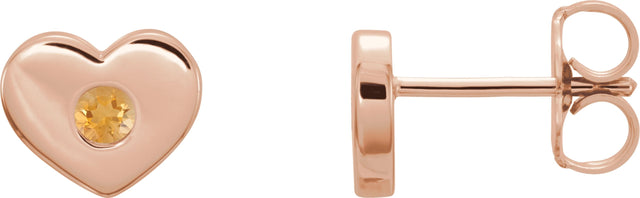 14K Gold Round Natural Citrine Heart Earrings - Rose Gold