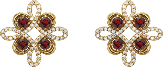 14K Gold Round Natural Mozambique Garnet Clover Earrings - Yellow Gold - view 2
