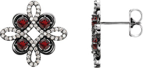 14K Gold Round Natural Mozambique Garnet Clover Earrings - White Gold