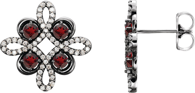 14K Gold Round Natural Mozambique Garnet Clover Earrings - White Gold