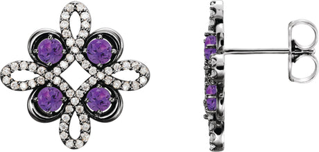 14K Gold Round Natural Alexandrite Clover Earrings - White Gold