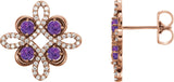 14K Gold Round Natural Amethyst Clover Earrings - Rose Gold
