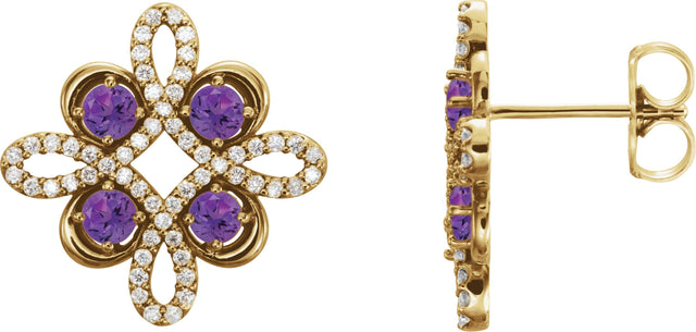 14K Gold Round Natural Amethyst Clover Earrings - Yellow Gold