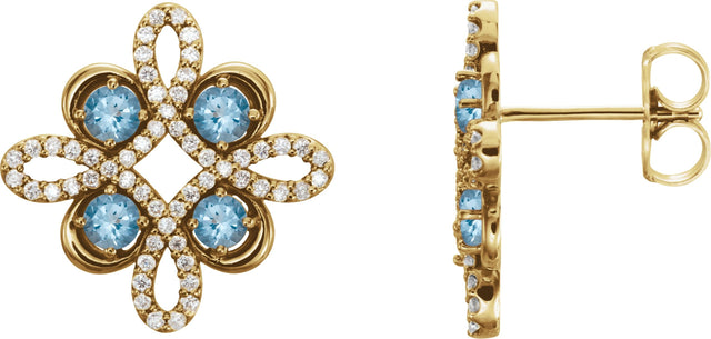 14K Gold Round Natural Aquamarine Clover Earrings - Yellow Gold