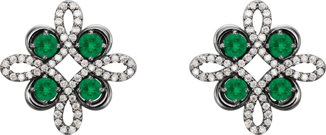 14K Gold Round Natural Emerald Clover Earrings - White Gold - view 2