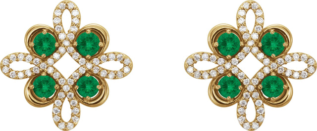 14K Gold Round Natural Emerald Clover Earrings - Yellow Gold - view 2