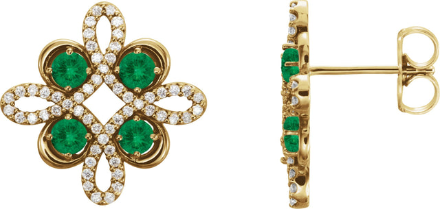14K Gold Round Natural Emerald Clover Earrings - Yellow Gold