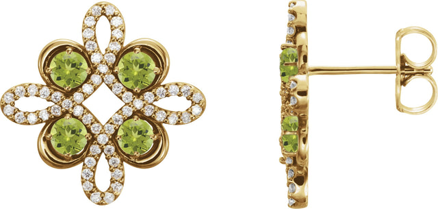 14K Gold Round Natural Peridot Clover Earrings - Yellow Gold