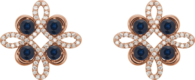 14K Gold Round Natural Blue Sapphire Clover Earrings - Rose Gold - view 2
