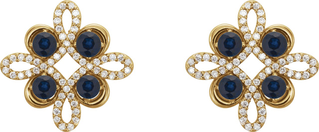 14K Gold Round Natural Blue Sapphire Clover Earrings - Yellow Gold - view 2