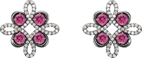 Platinum Round Natural Pink Tourmaline Clover Earrings - view 2
