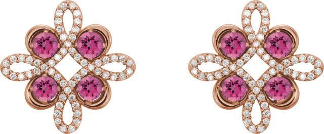 14K Gold Round Natural Pink Tourmaline Clover Earrings - Rose Gold - view 2