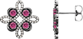 14K Gold Round Natural Pink Tourmaline Clover Earrings - White Gold