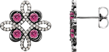 14K Gold Round Natural Pink Tourmaline Clover Earrings - White Gold
