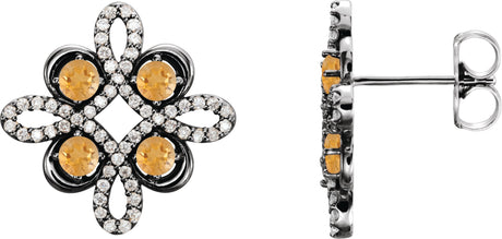 14K Gold Round Natural Citrine Clover Earrings - White Gold
