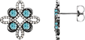 14K Gold Round Natural Blue Zircon Clover Earrings - White Gold