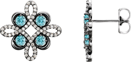 14K Gold Round Natural Blue Zircon Clover Earrings - White Gold