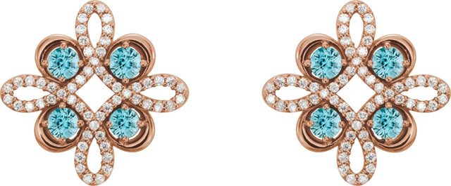 14K Gold Round Natural Blue Zircon Clover Earrings - Rose Gold - view 2