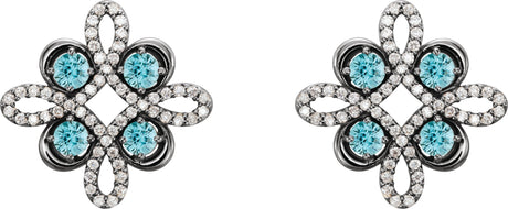 Platinum Round Natural Blue Zircon Clover Earrings - view 2