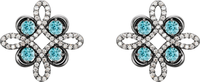 Platinum Round Natural Blue Zircon Clover Earrings - view 2