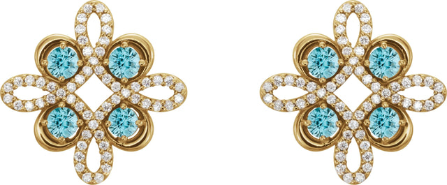 14K Gold Round Natural Blue Zircon Clover Earrings - Yellow Gold - view 2