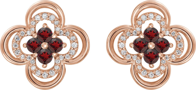 14K Gold Round Natural Mozambique Garnet Clover Earrings – 2.5mm Stones - Rose Gold - view 2