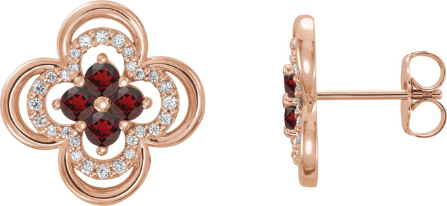 14K Gold Round Natural Mozambique Garnet Clover Earrings – 2.5mm Stones - Rose Gold