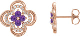 14K Gold Round Natural Amethyst Clover Earrings – 2.5mm Stones - Rose Gold