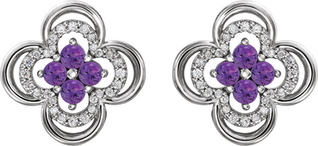 Platinum Round Natural Amethyst Clover Earrings – 2.5mm Stones - view 2