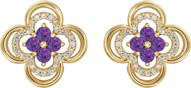 14K Gold Round Natural Amethyst Clover Earrings – 2.5mm Stones - Yellow Gold - view 2