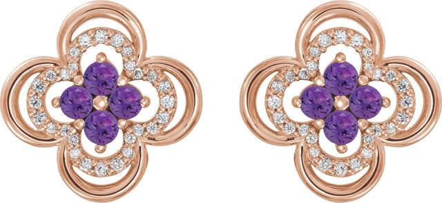 14K Gold Round Natural Amethyst Clover Earrings – 2.5mm Stones - Rose Gold - view 2