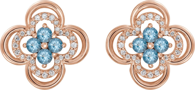 14K Gold Round Natural Aquamarine Clover Earrings – 2.5mm Stones - Rose Gold - view 2