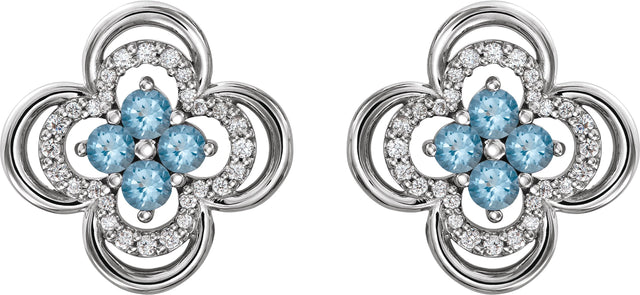 14K Gold Round Natural Aquamarine Clover Earrings – 2.5mm Stones - White Gold - view 2