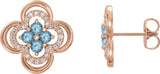 14K Gold Round Natural Aquamarine Clover Earrings – 2.5mm Stones - Rose Gold