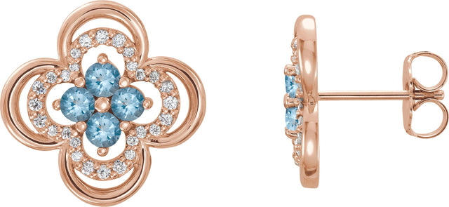 14K Gold Round Natural Aquamarine Clover Earrings – 2.5mm Stones - Rose Gold