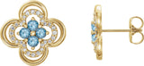 14K Gold Round Natural Aquamarine Clover Earrings – 2.5mm Stones - Yellow Gold