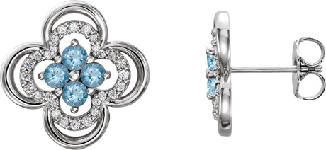14K Gold Round Natural Aquamarine Clover Earrings – 2.5mm Stones - White Gold