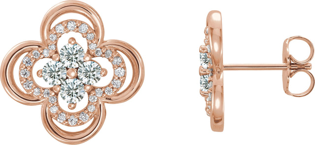 14K Gold Round Natural Diamond Clover Earrings II - Rose Gold