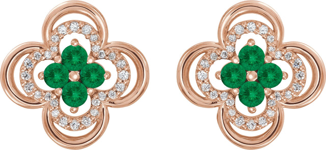 14K Gold Round Natural Emerald Clover Earrings – 2.5mm Stones - Rose Gold - view 2